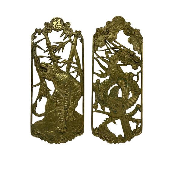 Asian Brass Wall Plaques with Dragon & Lion (2pieces)